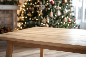 Empty table in front of christmas tree with decoration background , ai