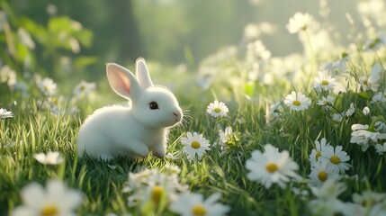 3D Cute Baby Rabbit Hopping Through a Pastel Green Meadow for Adorable Spring Decor