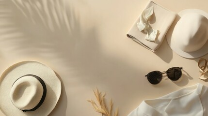 Stylish women's fashion accessories glamorous clothing set on beige pastel table background