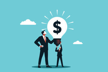 Businessman and colleague holding up light bulb with dollar bill symbol