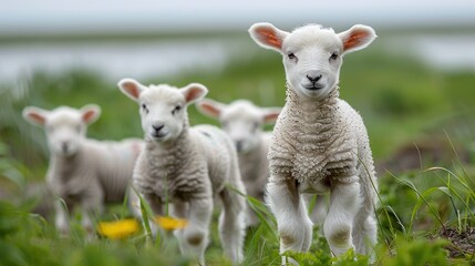 Obraz premium A group of playful lambs standing in a grassy field with a serene background.