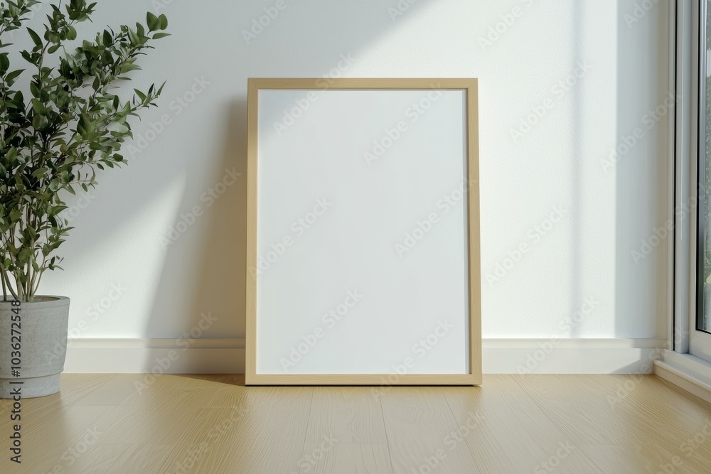 Poster A white framed picture sits on a wooden floor next to a potted plant