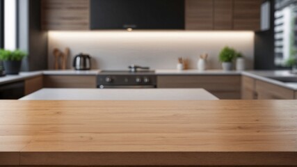 empty wooden dining table for food presentation in a clean kitchen minimalist interior design
