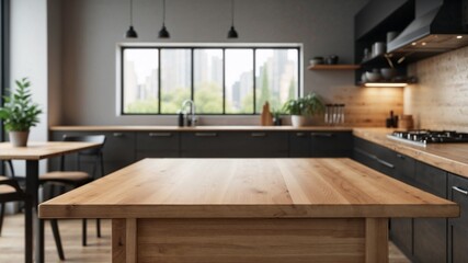 empty wooden dining table for food presentation in a kitchen minimalist interior design window front view