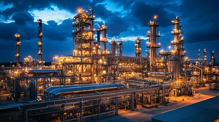Fuel Processing Technology  Refinery at night, bright lights, complex and efficient fuel processing