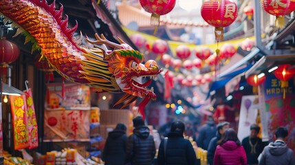 A festive street market celebrating Chinese New Year features a large dragon decoration arching over the stalls with colorful banners fluttering in the wind creating a lively atmosphere for visitors