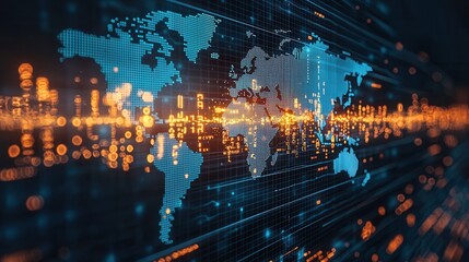 Naklejka premium Digital World Map with Connections and Data Points