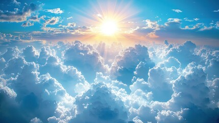 Bright Sun Shining Through White Clouds in a Blue Sky