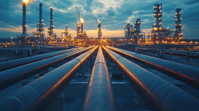 Fuel Processing Technology  Refinery pipelines stretching into horizon, intricate industrial network