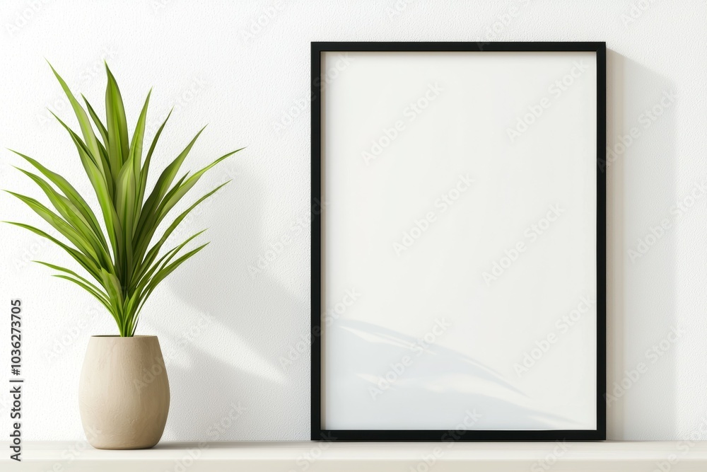 Wall mural A black framed white picture sits on a shelf next to a potted plant