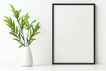 A white vase with a plant in it sits on a table next to a black frame