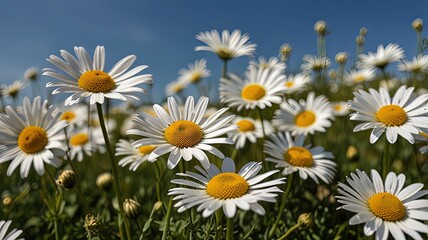 A vibrant field of daisies under a clear blue sky.