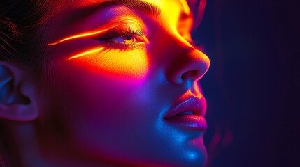 Close-up of a woman's face illuminated with colorful light patterns.