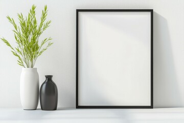 A black and white framed white vase with a green plant in it sits on a white she
