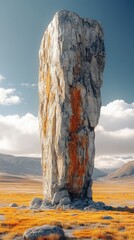Obraz premium Lonely Stone Sentinel, a solitary rock formation rises from the barren desert, stark and majestic against the expansive arid landscape.