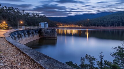 Naklejka premium Calm Waters at Dusk by the Dam