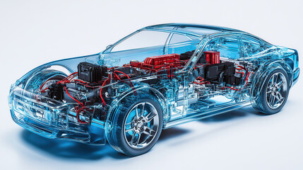 An exploded view of an electric car's engine, showing the various components such as the battery pack and motor inside its transparent shell