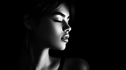 A high-contrast studio portrait of a fashion model, lit from one side to create sharp lines and shadows, against a minimalist black background.