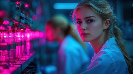 Scientist in Laboratory with Neon Lights