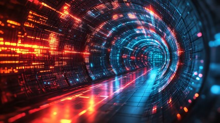 Obraz premium Futuristic tunnel with vibrant lights and digital patterns, abstract technology background