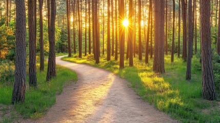 Fototapeta premium A winding path through a forest with the sun setting in the distance. The sun's rays shine through the trees and create a golden glow.