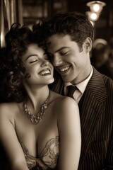 Roaring twenties spirit: a lively assembly of flapper at a jazz age speakeasy, radiating the exuberance of the era, beautifully depicted in a nostalgic sepia-toned portrait.