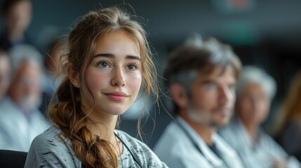Obraz premium Young Woman Attentively Listening in Conference Setting