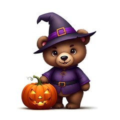 Adorable Bear in Witch Costume with Jack-O'-Lantern Fun