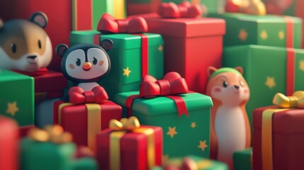 Obraz premium A playful scene of adorable animal figurines peeking out from behind a pile of colorful wrapped Christmas presents.