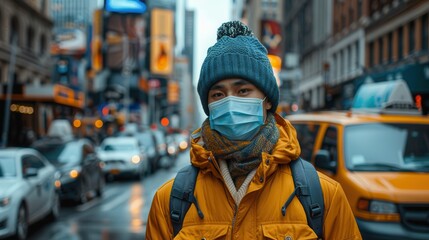 Obraz premium Young man in mask on busy city street in winter