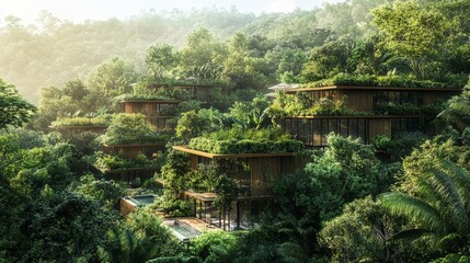 Fototapeta premium A lush forest restored through reforestation programs, absorbing CO2 from the air, surrounded by eco-friendly communities