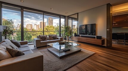 A luxurious apartment panorama with a spacious living room, a glass coffee table, and large sliding doors opening to a balcony with stunning city views.