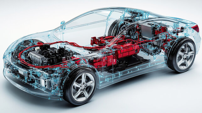 An exploded view of an electric car's engine, showing the various components such as the battery pack and motor inside its transparent shell