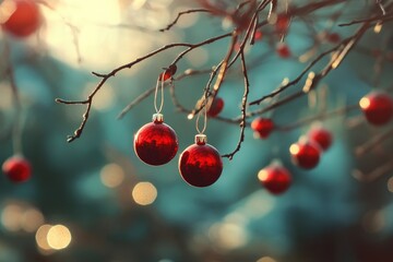 Fototapeta premium merry chrismas banner with twigs beautiful red balls and beautiful background , ai