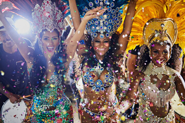 Carnival, women or dancer group with confetti outdoor for festival celebration or Mardi Gras party...