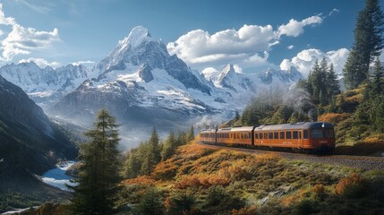 A luxury train with panoramic windows making its way through an alpine landscape, with glaciers and evergreen trees in the distance.