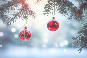 merry chrismas banner with twigs beautiful red balls and beautiful background , ai