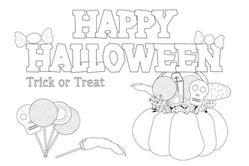 A fun Halloween coloring page featuring spooky candies, a pumpkin, and lollipops. Great for kids activities and holiday creativity.