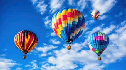Obraz premium Four colorful hot air balloons float in a clear blue sky with white clouds.