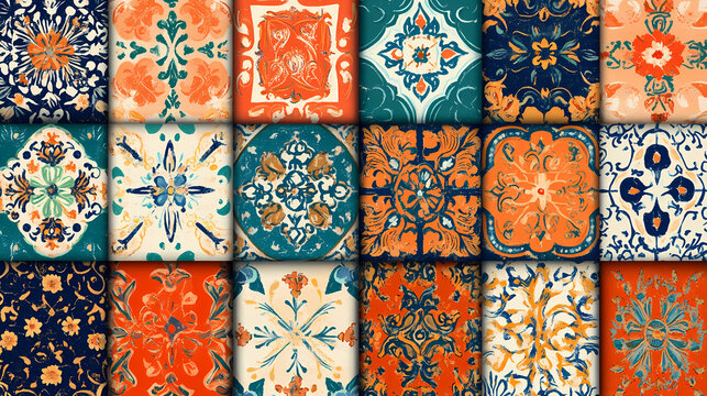 Patchwork quilt fabric seamless patterns in different textures and colors. seamless repeating pattern background. Byzantine Mosaics. Illustration