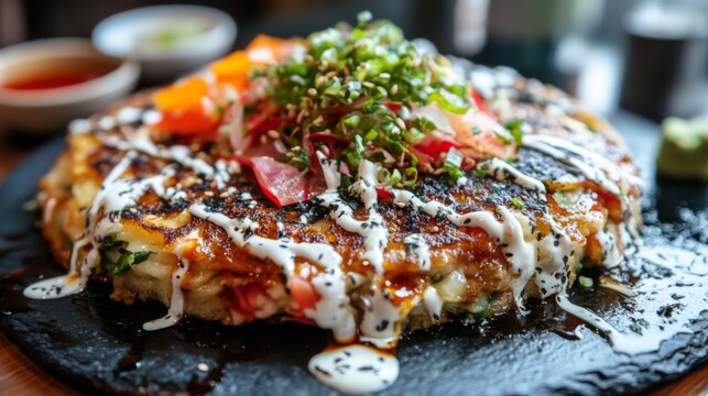 Delicious Japanese Okonomiyaki with Fresh Toppings