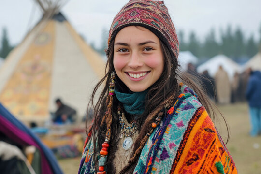 Canadian woman wearing sami gakti northern europe traditional cloth