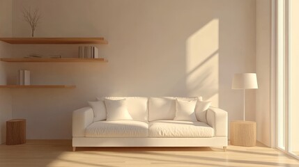 A minimalist living room with a white sofa, simple wooden shelves, and light creating a clean and open environment with soft natural light from a nearby window.