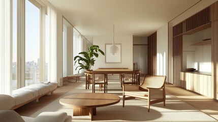 Fototapeta premium A minimalist Scandinavian living room with clean lines, neutral colors, and natural textures, leading into a dining area with a wooden table and chairs, set against a backdrop of large windows.