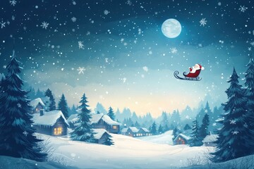 Merry christmas and happy new year greeting card with copy-space. Winter night landscape.Santa and his sleigh flying over snowy landscape, ai