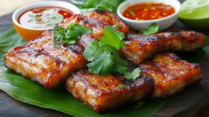 Grilled Fish with Spicy Sauce and Fresh Herbs