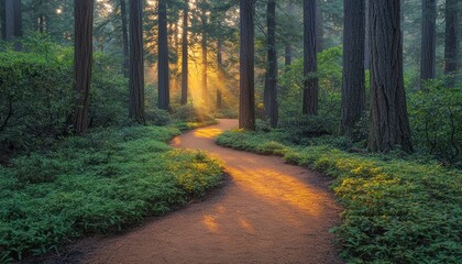 Fototapeta premium Sunbeams Illuminating a Forest Path