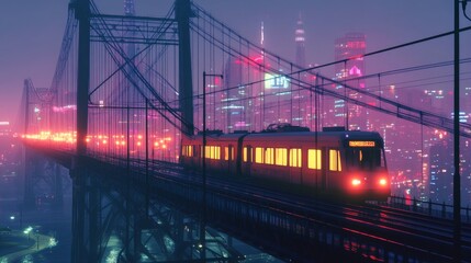 Obraz premium A modern city train crossing a suspension bridge, with bright streetlights illuminating its path and the city skyline visible in the distance.