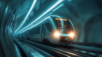 Naklejka premium A modern commuter train traveling through an underground tunnel, with bright headlights illuminating the curved, dark space.