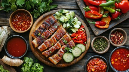 Fresh Ingredients and Grilled Meat on Rustic Table